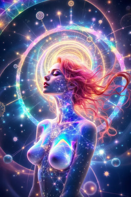 Prompt: A hyperdimensional entity emerges, composed of iridescent sacred geometry, kaleidoscopic Penrose tilings, and prismatic fractal halos. The figure pulses with shifting spectrums of rainbow light, flowing like liquid crystal through nested golden spirals and recursive toroidal fields. The form barely hints at its origin: a slim, ephemeral silhouette with long wild pink curls, dissolving into light. The style mirrors the surreal textures and otherworldly palettes of La Planète Sauvage, with matte, painterly gradients, soft outlines, and dreamlike ambient hues. The background floats in an astral void woven from cosmic lace, where strange organic machines and glyphic lifeforms orbit in silence. Human presence is reduced to a ghosted archetype, integrated within the sacred patterns like a forgotten myth encoded in divine circuitry.
— style: Cosmic Surrealism + La Planète Sauvage
— emphasis: Sacred Geometry + Oil-Slick Iridescence