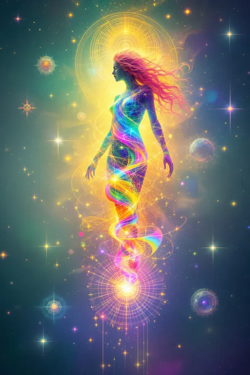 Prompt: A hyperdimensional entity emerges, composed of iridescent sacred geometry, kaleidoscopic Penrose tilings, and prismatic fractal halos. The figure pulses with shifting spectrums of rainbow light, flowing like liquid crystal through nested golden spirals and recursive toroidal fields. The form barely hints at its origin: a slim, ephemeral silhouette with long wild pink curls, dissolving into light. The style mirrors the surreal textures and otherworldly palettes of La Planète Sauvage, with matte, painterly gradients, soft outlines, and dreamlike ambient hues. The background floats in an astral void woven from cosmic lace, where strange organic machines and glyphic lifeforms orbit in silence. Human presence is reduced to a ghosted archetype, integrated within the sacred patterns like a forgotten myth encoded in divine circuitry.
— style: Cosmic Surrealism + La Planète Sauvage
— emphasis: Sacred Geometry + Oil-Slick Iridescence