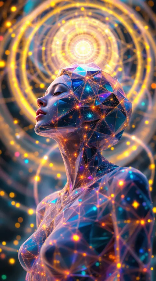 Prompt: A surreal, ultra hyperrealistic and holographically-illustrated astral being composed entirely of sacred geometry, multidimensional math, and living light. Her core is a rotating rhombic dodecahedron, each face shifting with pulsating non-Euclidean curvature and swirling hyperbolic Poincaré disk geometry. Her outer form is a radiant humanoid goddess of light and symmetry—feminine in silhouette but composed of morphing Penrose tilings, Mandelbrot fractals, and Julia set spirals that animate like sacred tattoos across translucent crystalline skin. Her joints and spine shimmer with visible golden ratios (φ)—Fibonacci curves flow along her limbs as lines of glowing math.

Her skin gleams with an oil-slick iridescent sheen, created from thin-film interference layers refracting cosmic light in neon chromatics and pastel spectrums. Behind her head spirals a glowing Calabi–Yau manifold, housing her higher-dimensional thoughts like a living halo of curled 6D space. She floats midair in a dark astral void, surrounded by golden E₈ lattices spinning like emotion-bound sigils. Fractal Hilbert curves coil through the scene like recursive memory strands.

In the glinting surface of one geometric plane—like a polished mirror or event-horizon shell—there appears a soft, ghostlike reflection: a loosely human female form with wild curly pink hair, glowing blue eyes, and pale porcelain skin, suspended between dimensions. This is her source, her soul-layer, rendered like a memory in mathematical glass.

The entire scene pulses with sacred light, chaos-theory echoes, and recursive depth. Style is ultra hyperrealistic, with holographic layers, soft rainbow neon against black, a mix of cosmic sacred-geometry surrealism and mathematical divine-machine beauty. Medium is a blend of 3D-rendered light sculpture and high-definition fractal illustration