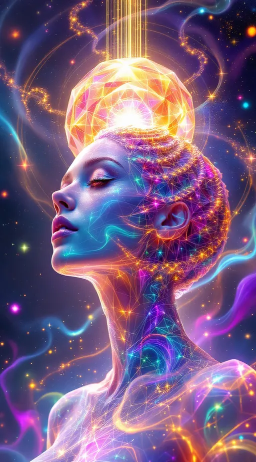 Prompt: A surreal, ultra hyperrealistic and holographically-illustrated astral being composed entirely of sacred geometry, multidimensional math, and living light. Her core is a rotating rhombic dodecahedron, each face shifting with pulsating non-Euclidean curvature and swirling hyperbolic Poincaré disk geometry. Her outer form is a radiant humanoid goddess of light and symmetry—feminine in silhouette but composed of morphing Penrose tilings, Mandelbrot fractals, and Julia set spirals that animate like sacred tattoos across translucent crystalline skin. Her joints and spine shimmer with visible golden ratios (φ)—Fibonacci curves flow along her limbs as lines of glowing math.

Her skin gleams with an oil-slick iridescent sheen, created from thin-film interference layers refracting cosmic light in neon chromatics and pastel spectrums. Behind her head spirals a glowing Calabi–Yau manifold, housing her higher-dimensional thoughts like a living halo of curled 6D space. She floats midair in a dark astral void, surrounded by golden E₈ lattices spinning like emotion-bound sigils. Fractal Hilbert curves coil through the scene like recursive memory strands.

In the glinting surface of one geometric plane—like a polished mirror or event-horizon shell—there appears a soft, ghostlike reflection: a loosely human female form with wild curly pink hair, glowing blue eyes, and pale porcelain skin, suspended between dimensions. This is her source, her soul-layer, rendered like a memory in mathematical glass.

The entire scene pulses with sacred light, chaos-theory echoes, and recursive depth. Style is ultra hyperrealistic, with holographic layers, soft rainbow neon against black, a mix of cosmic sacred-geometry surrealism and mathematical divine-machine beauty. Medium is a blend of 3D-rendered light sculpture and high-definition fractal illustration
