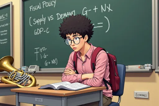 Prompt: Style: Highly stylized semi-realistic digital illustration in the style of "One Punch Man". The line work is minimal but clean, focusing on outlines for the hair and subtle contours for facial features, giving a polished, digital art aesthetic. Character's expressions are exaggerated as seen in graphic novels like One Punch.Setting: A high school classroom. In the foreground, @Xx3jP7kLaafR2kDjEIhx t sits at a desk, slightly slumped, with an open German textbook in front of him. @Xx3jP7kLaafR2kDjEIhx   is wearing messy clothes typical for a 17-year old American high boy. He has a comical bored expression on his face. The blackboard behind him is blurry, but you can make out words s like "Fiscal Policy" and "Supply vs Demand" and equations like "GDP = C + I + G + NX". To the far left, his euphonium rests. To the right, a textbook titled "Economics" lies open but clearly unread, with a small drool mark on the page.@Xx3jP7kLaafR2kDjEIhx 
