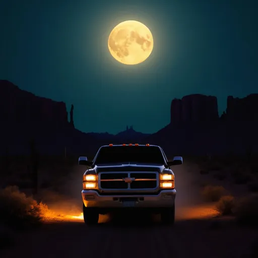 Prompt: Create country music track cover titled "Backroad Rebel" by artist Cole Ramsey © 2025 Cole Ramsey LLC.  All rights reserved includes a truck driving and arizona desert under a full moon. make it large 3000x3000 pixels