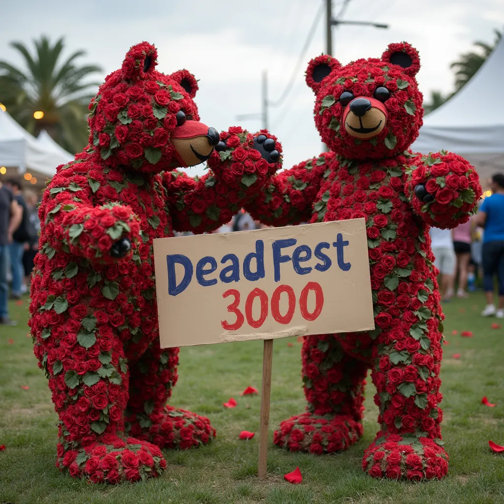 Prompt: Grateful Dead Roses turn into dancing bears with a sign reading DeadFest3000