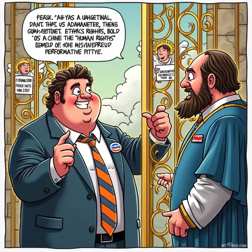 Prompt: An overweight former football player stands at the Pearly Gates, wearing a wrinkled suit, an orange and blue striped tie, and a MADD button. He has wavy brown hair, face scruff, a protruding forehead, and a unibrow. He is smiling with clenched teeth and an underbite, looking at the viewer and pointing at St. Peter with his right index finger. St. Peter stands before the many and says: "Ah yes - judgmental, lacking compassion, ethics complaints. Bold to try the 'winsome Christian' entrance. Did you misinterpret Matthew 25?" In the background, angels hold protest signs that read "Trans Rights Are Human Rights" and "No Place for Hate in GA". The title of the comic is "The Pearly Gates don't open for performative piety" The background should be angels on clouds holding the protest signs described and the gates should be gold. The man does not speak. St. Peter has the speech bubble.  The man is looking front while pointing. Make it less colorful and cartoonish - more editorial cartoon style

