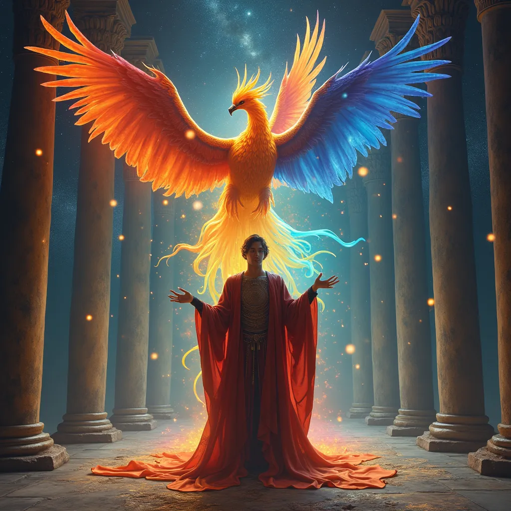 Prompt: Masculine healer magician with phoenix and rainbow dragons in a energetic space of mystery room of pillars with no ceiling or floor only stars and planets