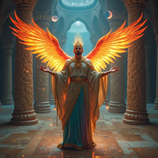Prompt: Masculine healer magician with phoenix and rainbow dragons in a energetic space of mystery room of pillars with no ceiling or floor only stars and planets