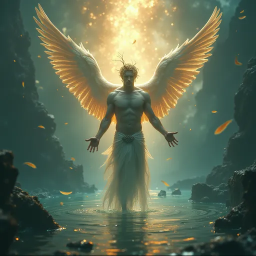 Prompt: Merman with feathers hanging in the balance of the primordial sea circled by the elements east air south fire west water north earth archangels above and below working a diamond white gold light