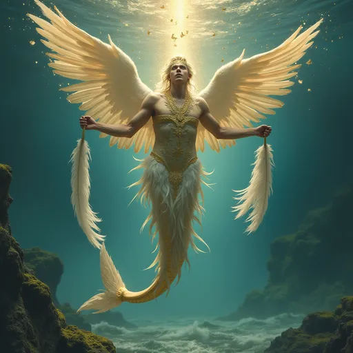 Prompt: Merman with feathers hanging in the balance of the primordial sea circled by the elements east air south fire west water north earth archangels above and below working a diamond white gold light