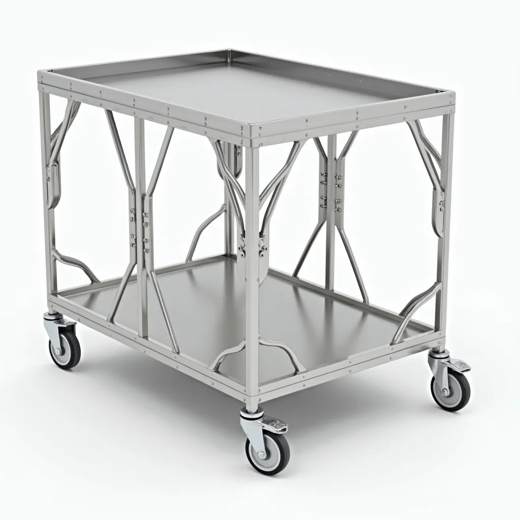 Prompt: Create a 3D CAD model of a stainless steel utility cart with a sloped top structure. The frame is made using 30mm x 30mm square stainless steel tubing with 1mm wall thickness. The cart's base is a rectangular prism with the following dimensions:

Width: 1700mm

Depth: 600mm

Height: 700mm

The top frame includes a sloped section on the front and rear sides. Each corner is connected with vertical and diagonal supports as shown in the sketch. The cart has four caster wheels at the bottom corners.

Include horizontal and vertical crossbars for reinforcement on all four sides.

Draw all structural members using hollow tubes as per the specified dimensions. No shelves or internal compartments needed. Show both isometric and orthographic views if possible.