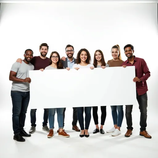 Prompt: A group of happy people from various ethnicity who are excited for someone new who is joining their team. They all hold a huge banner which spans across all of them. The banner needs to have a white background. the background behind the group is like a studio set up backsplash