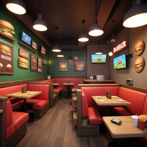 Prompt: A cozy Burger restaurant with gaming depictions and a medium furnitures