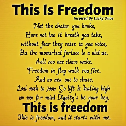 Prompt: ---

This Is Freedom
Inspired by Lucky Dube

Not the chains you broke,
but the breath you take,
without fear in the morning
or silence in your wake.

Not the flag they raised,
but the voice you find
when truth walks forward
and fear stays behind.

Freedom is walking
with no one to chase,
Freedom is justice
with dignity’s face.

So lift your heart high,
let your mind be the key—
This is freedom,
and it starts with me.