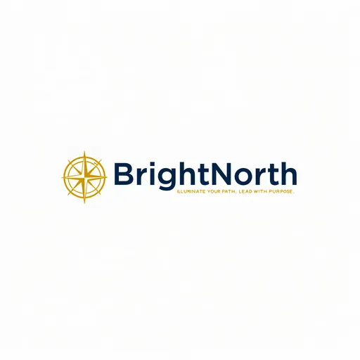 Prompt: BrightNorth Consulting's logo features a stylized compass design, prominently displayed in golden hues, symbolizing guidance and direction. The compass is encircled by a delicate line that enhances its elegance, suggesting a sense of clarity and purpose. Adjacent to the compass, the name "BrightNorth" is rendered in bold, blue typography, conveying professionalism and trust, while the tagline "ILLUMINATE YOUR PATH. LEAD WITH PURPOSE." is inscribed in a softer yellow, further emphasizing the themes of illumination and purposeful leadership. The overall composition is clean and modern, effectively reflecting the consulting firm's mission to guide clients toward successful outcomes.  Ensure font is Century Schoolbook.