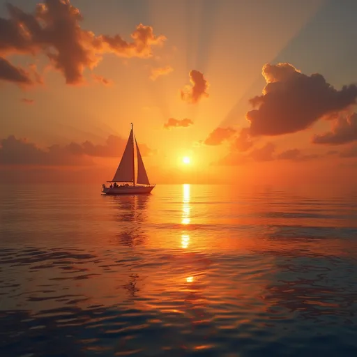 Prompt: lovely sunset at sea with a tiny boat 