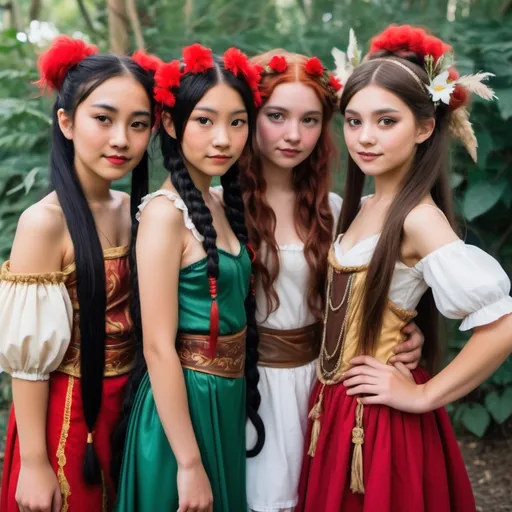 Prompt: Chinese girl with long black hair dressed as Lysander from Midsummer Nights Dream, Mexican girl with black ponytail dressed as Demetrius from Midsummer Nights Dream, Pacific Islander girl with brown hair dressed as Helena from Midsummer Night's Dream. Wasian girl with short red hair dressed as Helena from Midsummer Night's Dream. MAKE SURE THERE ARE 4 PEOPLE ONLY