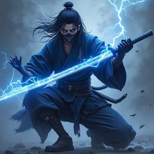 Prompt: **"Demon Slayer OC, indigo-blue lightning swordsman, full-body portrait, dynamic pose, dark stormy aesthetic"**  
**Detailed Description:**  
- **Character:** A lone, ruthless Demon Slayer with **cold, calculating eyes** (sharp gaze, no pupils, glowing faint blue).  
- **Outfit:** **Tattered indigo haori with a high collar** over a **black armored undershirt**, **dark gray hakama pants**, and **metal-studded tabi boots**. **Fingerless copper-weave gloves** and a **half-face black mask with jagged silver patterns**.  
- **Weapon:** **A heavy nichirin nagamaki (long-bladed katana) with a deep indigo-blue blade**, crackling with **electric energy**.  
- **Pose:** **Mid-combat stance**, one knee slightly bent, **blade held diagonally** as lightning arcs off it. **Storm clouds in the background**.  
- **Aesthetic:** **Dark, moody, and storm-lit** (think **heavy rain and thunder**). **Blue/indigo glow** highlights the blade and eyes.  
- **Extras:** **Poison vials on belt**, **static electricity sparking on the gloves**, **frayed fabric from battle damage**.  
- **Style:** **Anime (Demon Slayer-inspired), highly detailed, dramatic lighting, Ukiyo-e influences in the storm backdrop**.  