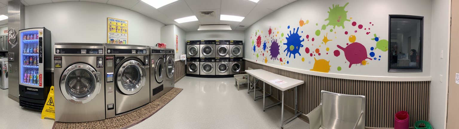 Prompt: Bright and vibrant, the laundromat features a modern design with stainless steel washing machines prominently displayed along one wall, their transparent windows revealing the swirling water inside. To the left, a sleek vending machine offers snacks and drinks, illuminated by soft lighting that adds a welcoming glow. A colorful mural filled with splashes of paint and playful designs decorates the adjacent wall, injecting energy and creativity into the space. The floor is a polished gray, accented by a caution sign warning of a wet surface, while neat, metallic chairs provide a comfortable waiting area beneath fluorescent lighting, creating a cheerful yet practical environment for customers attending to their laundry.