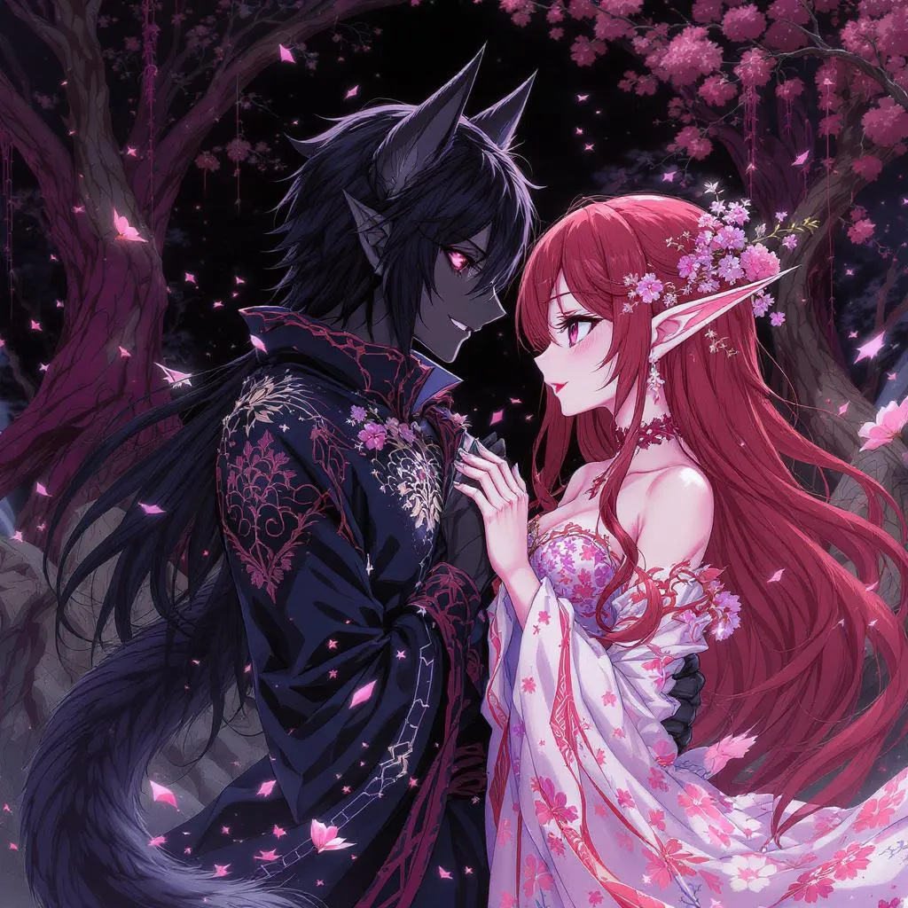 Prompt: a large amont of colours, shy and mysteries couple the male a with werewolf ears and tail and black hair the female a blossom elf with ruby brown hair and silver eyes, holding each other, blushing, anime style, more details, boy and girl, 