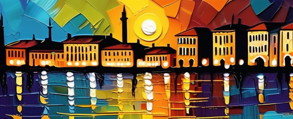 Prompt: Stylized rough Venice skyline at night impressionistic painting with large palette-knife
