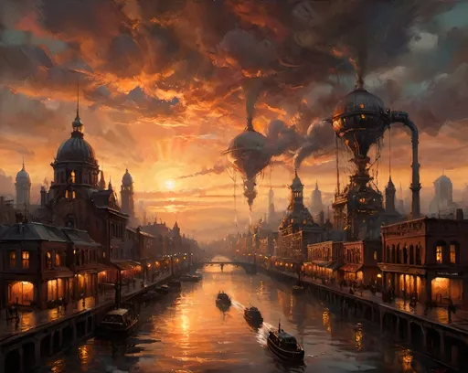 Prompt: Dark ominous sky. sunset in the distance. a huge steampunk city floating in the air being held up by propellers. 