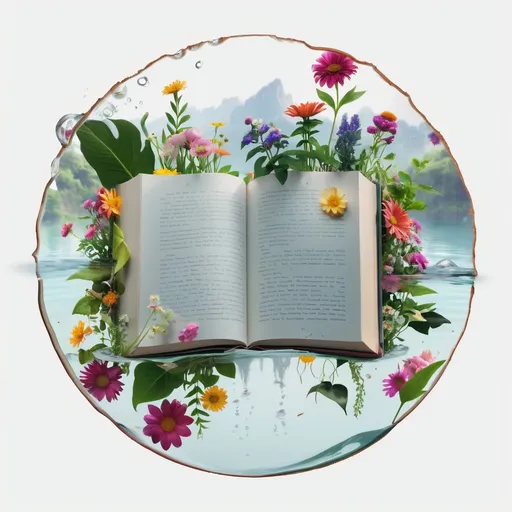 Prompt: book ripped in half with flowers and plants underneath it is floating in water