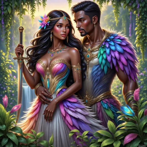 Prompt: @dAqm5U9nB7qivhO0t5sJ  is being embraced by a handsome brown skinned prince with short hair. @dAqm5U9nB7qivhO0t5sJ is holding a sword. The prince is holding her.