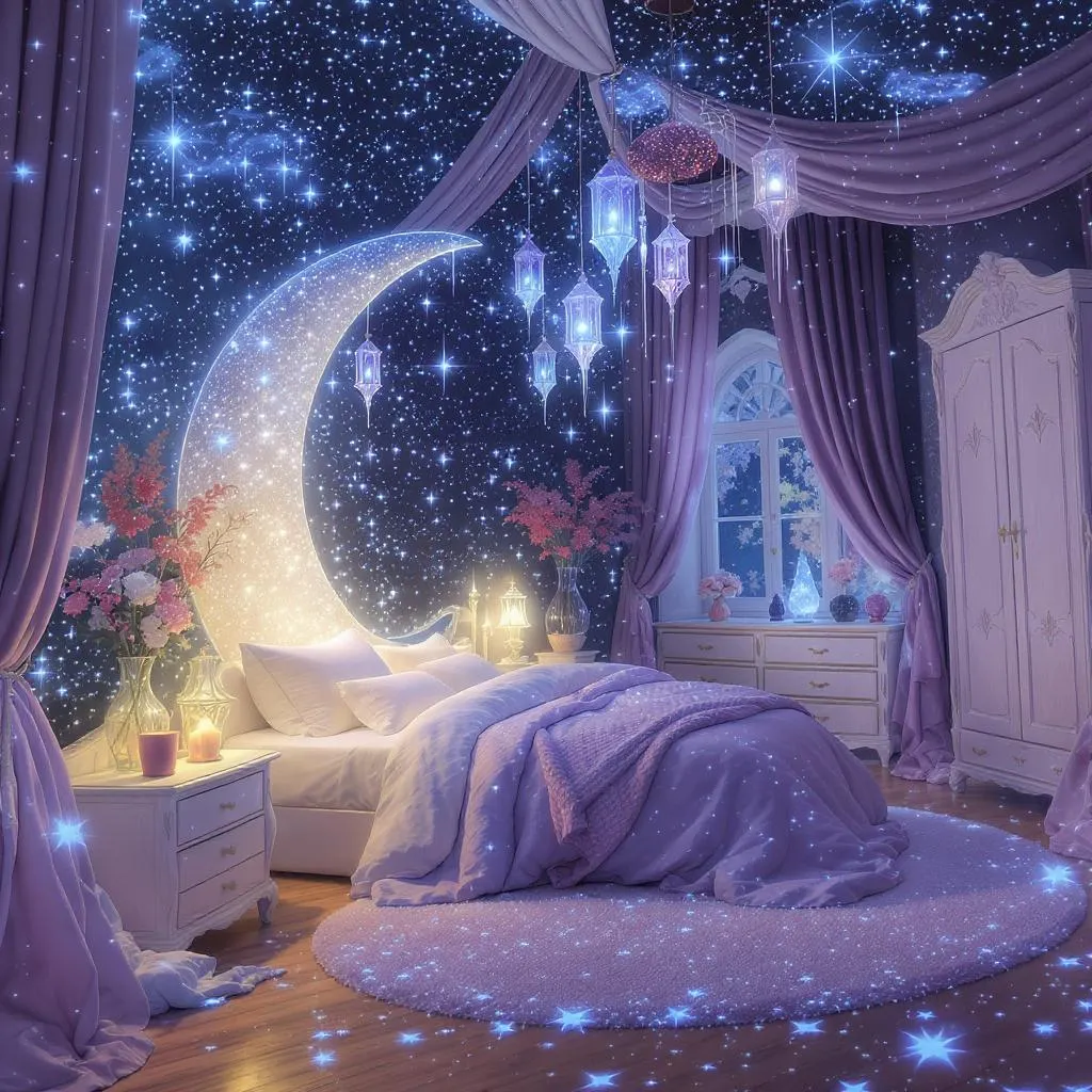 Prompt: a celestial-themed bedroom with glowing stars on the ceiling, moon-shaped bed, soft blue and purple lighting, floating lanterns, dreamlike atmosphere, pastel colors, high-detail fantasy art
