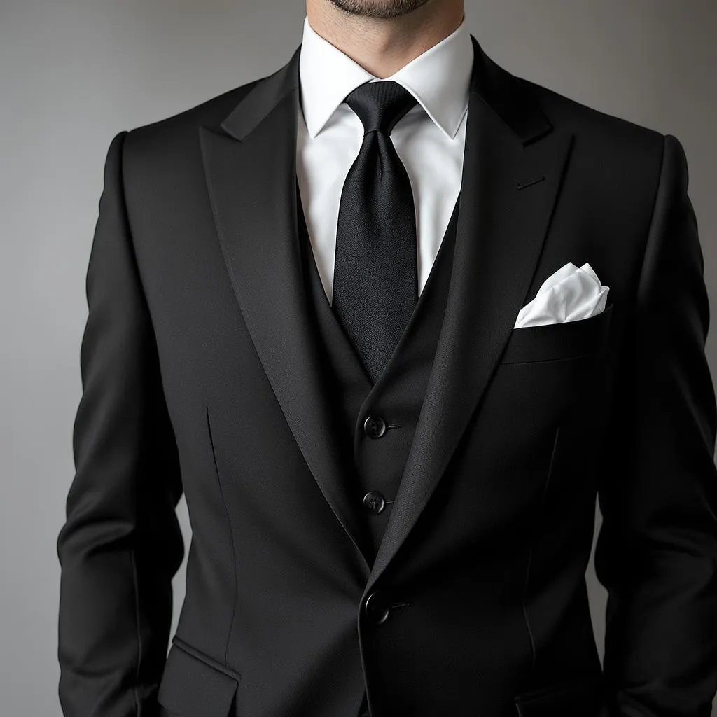 Prompt: Black dress suit white shit and black tie