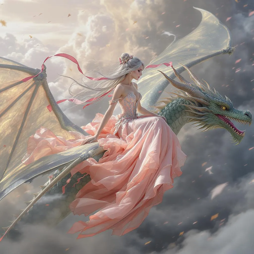 Prompt: A beautiful 40 year old woman sits astride a green dragon in flight. The lady wears a long salmon pink organza skirt billowing out. The bodice of her  dress glistens in silver satin
. Her  long greying hair is tied up with pink satin ribbons 