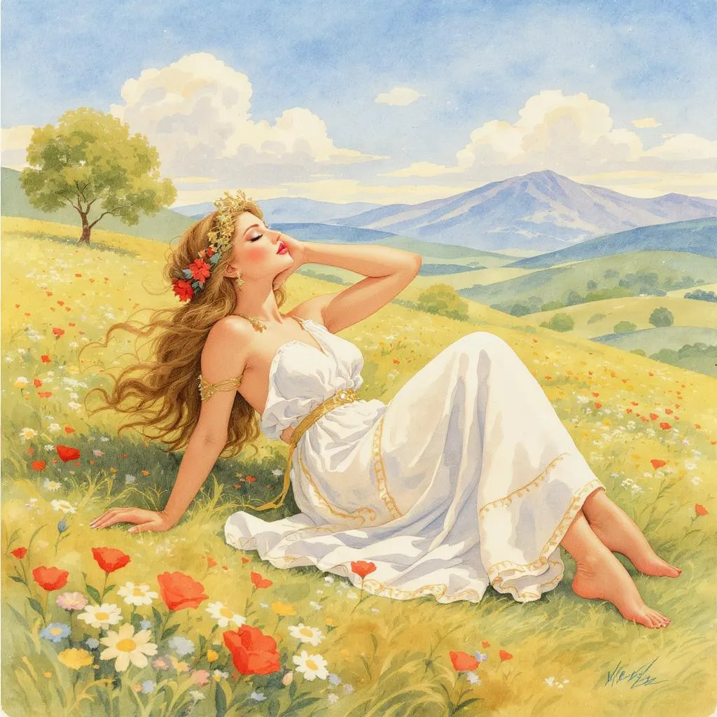 Prompt: the goddess persephone lounging, sitting upright, in a hilly field of flowers. she is wearing a greek toga. it is a beautiful spring day. in the style of a watercolour childrens book
