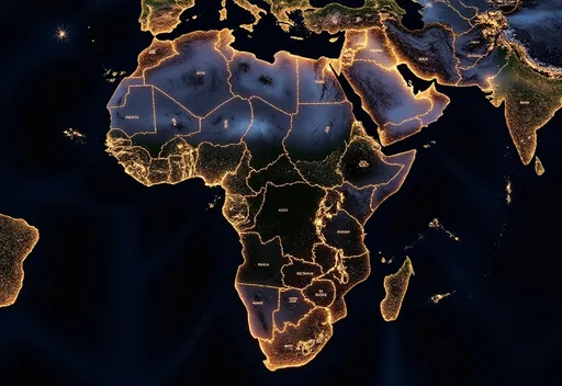 Prompt: africa map at night with lights and Country names