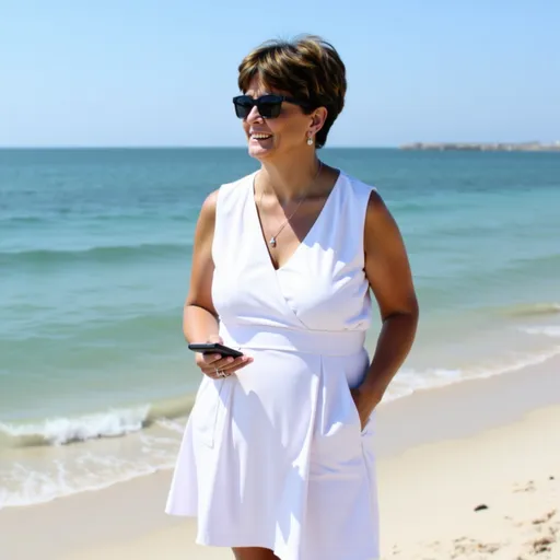 Prompt: Angie is a 56 year old Caucasian woman wearing a short white casual summer dress. She weighs 200 pounds and is 5 ft 8 inches tall. She has short brown hair. She is wearing jewelry and sunglasses. It is a bright sunny day on a Florida beach. She is carrying her cell phone.