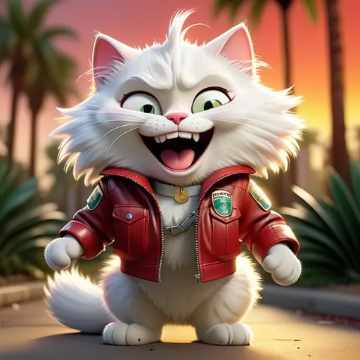 Prompt: “A fluffy white cartoon cat wearing a shiny red leather jacket, laughing confidently while handcuffed in front of riot police lined up behind. Dramatic golden hour lighting with palm trees in the background, cinematic sunset glow, expressive Pixar-style face, detailed fur, high-quality 3D cartoon rendering.”