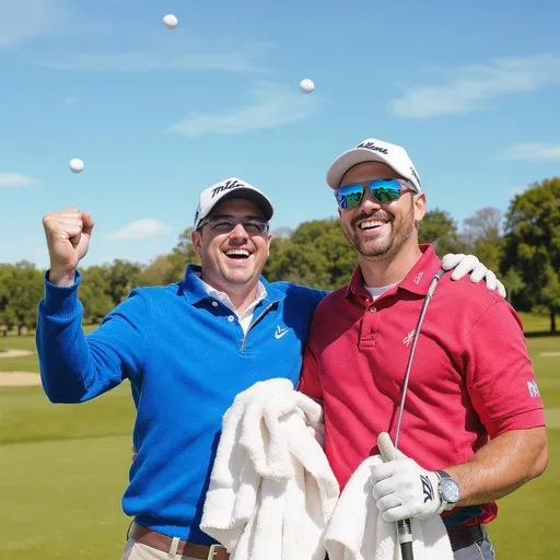 Prompt: Male Golfers excited on a sunny day wool felt
