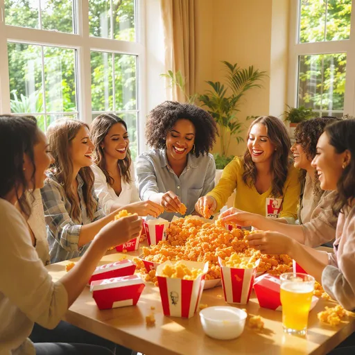 Prompt: Laughing and lively conversations fill a bright, cozy space where six women gather around a wooden table, sharing a feast of KFC. Sunlight streams through large windows, casting warm tones on their cheerful expressions as they eagerly scoop fried chicken from iconic red and white boxes. One woman in a light blue shirt playfully hands food to another, while a glass of golden beverage sits nearby, enhancing the relaxed, social atmosphere. The lush greenery in the background complements the warm color palette, creating an inviting scene that celebrates friendship and shared moments. The overall mood is joyous and carefree, reflecting the pleasure of good food and companionship.