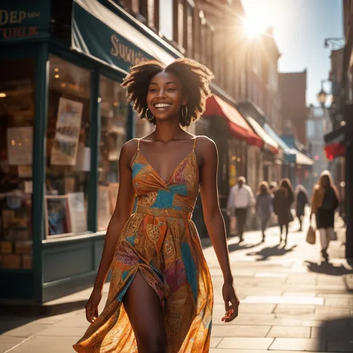 Prompt: Tall black young woman walking down the high street, detailed clothing, realistic, natural lighting