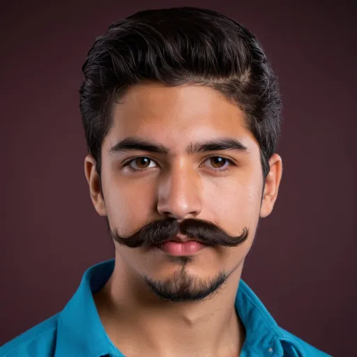 Prompt: A young latino man with a mustache and beard wearing a blue shirt 