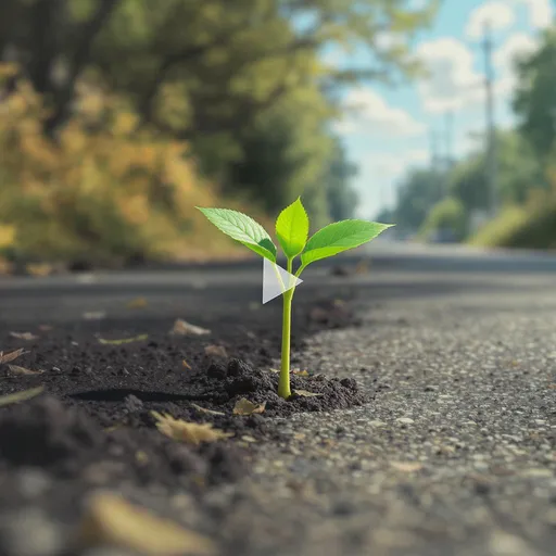 Prompt: a animated video of a plant growing from the surface of the road
