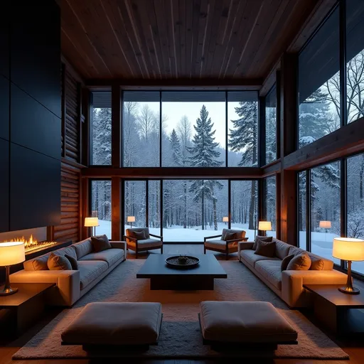 Prompt: A double-height ceiling living room with a large, floor-to-ceiling window on one side log cabin. Outside is a dark snow-covered landscape. The living area is furnished with plush, contemporary sofas and chairs in neutral tones, grouped around a low, central coffee table. The room's color palette is composed of dark brown and warm tones, with the soft lighting from various lamps adding a cozy ambiance.