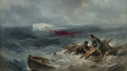 Prompt: Create a painting in the style of J.M.W. Turner of a white whale leaping out of the water in the distance with a harpoon in its side and blood is trickling down into the sea around it. A trio of sailors are in the ocean in the foreground, holding onto wooden planks and whatever remains of their boat that has been destroyed, which is sinking away under the ocean near the edge of the image. The image is a collection of drab blues and greys, which draws more attention to the puddle of red blood coming from the white whale.