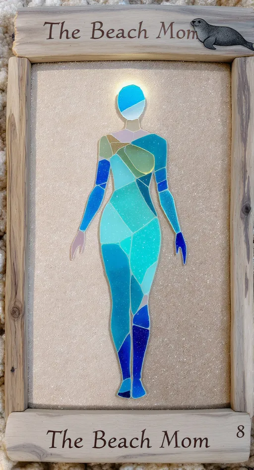 Prompt: Oracle card 


8. The Beach Mom: A richly detailed abstract sea glass collage with blues and teals suggesting a minimalist figure, whites and amber outlining the form, and mauve adding a soft glow, framed by uniform driftwood at the very outer edge with “The Beach Mom” carved into it, on a 9:16 ratio sand-colored textured background with a seal in the sparse accents’ fine lines.