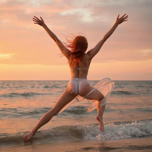 Prompt: A figure of a young woman with red hair, a thin wet swimsuit, with her back to us. The figure stands in a clear X-shape – that is: both legs are open diagonally at an acute angle to each other, the arms are spread diagonally upwards and form an X with the body and legs. . The background – a sunset over the open sea, the sky is colorful and romantic, the wind is felt in the hair and dress. The lighting is soft and warm. The figure looks natural, floating in free movement.
