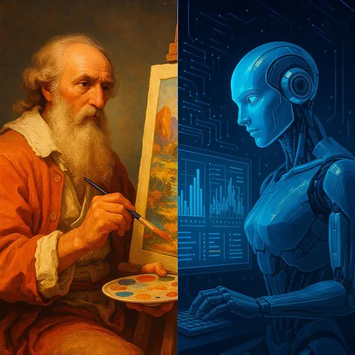 Prompt: A split scene showing a classical artist painting with brush and canvas on the left side, and a futuristic AI robot creating digital art on a screen on the right side, vibrant colors, detailed, modern style.