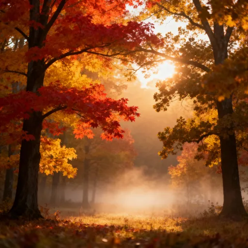 Prompt: Create fall image: Vibrant fall colors, sunrise, 
