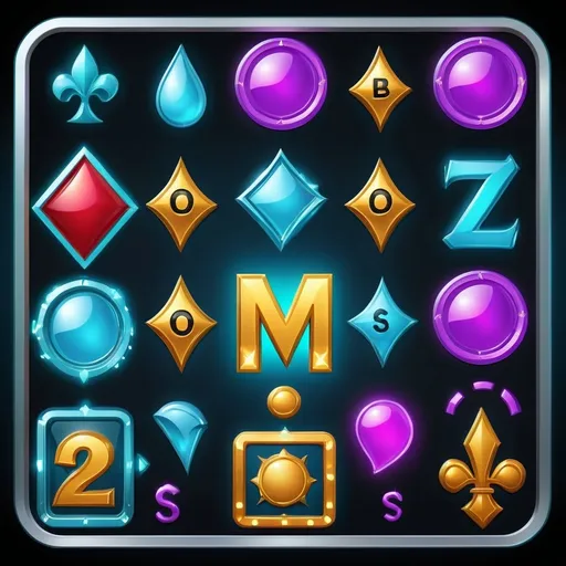 Prompt: futuristic symbols suitable for use in a slot machine include bonus and scatter symbols and make sure scatter and bonus symbols leak over their borders slightly