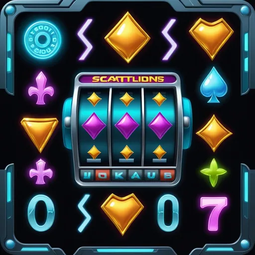 Prompt: futuristic symbols suitable for use in a slot machine include bonus and scatter symbols and make sure scatter and bonus symbols leak over their borders slightly