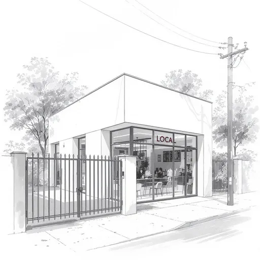 Prompt: A modern architectural sketch presents a stark, minimalist building design characterized by clean lines and a monochromatic color scheme. The structure features large glass windows, allowing for a glimpse inside, while the word “LOCAL” is prominently displayed, suggesting the purpose of the building. Surrounding the main building is a gated area, likely intended for parking, delineated by a series of vertical metal bars that convey a sense of security. The scene is well-lit, hinting at daylight, and the overall composition emphasizes the simplicity and functionality of the design, creating an inviting yet professional atmosphere. The architectural focus invites viewers to contemplate the relationship between space and form in a contemporary urban context.Inside the establishment, there is a café with chairs and a counter to have coffee.