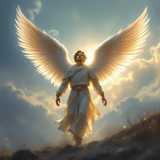 Prompt: Un ángel masculino con alas brillante caminando por el cielo que este enfocado desde delante de el 