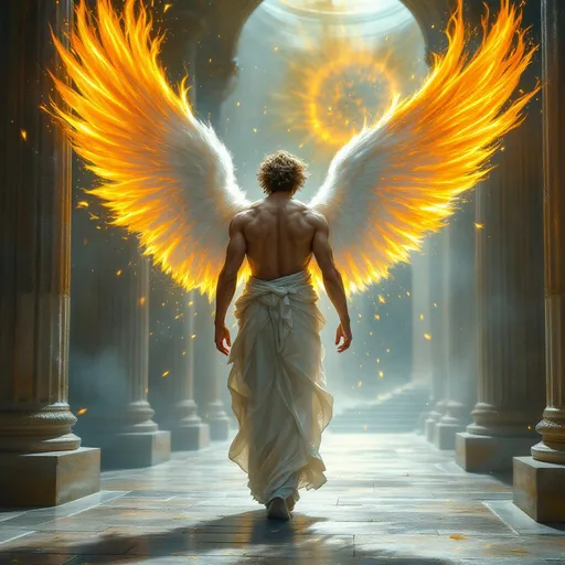 Prompt: Un ángel masculino con alas de fuego caminando por un templo celestial 