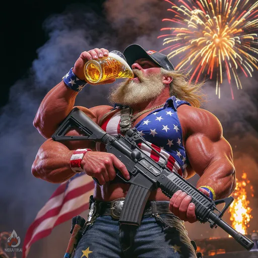 Prompt: A stereotypical American patriot is drinking American beer and holding a massive machine gun. He has huge, bulging muscles and there is barbecue and fireworks in the background.